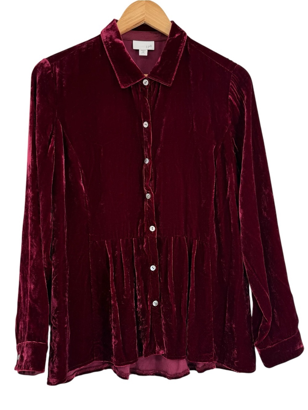 J Jill Blouse Womens M Petite Velvet Burgundy Pleated Peplum Button Garnet